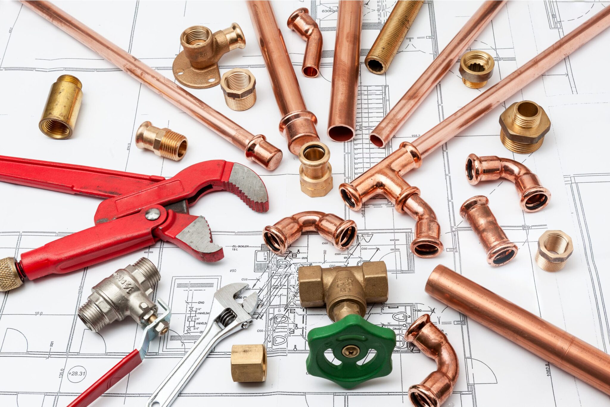 Copper pipes, fittings, valves, and plumbing tools in Coral Gables