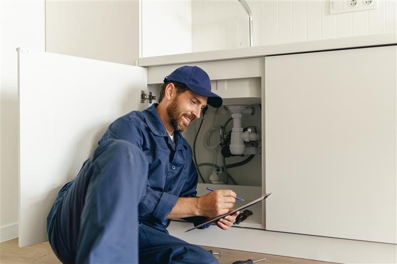 Residential plumber reviewing plumbing repairs in a Coral Gables kitchen