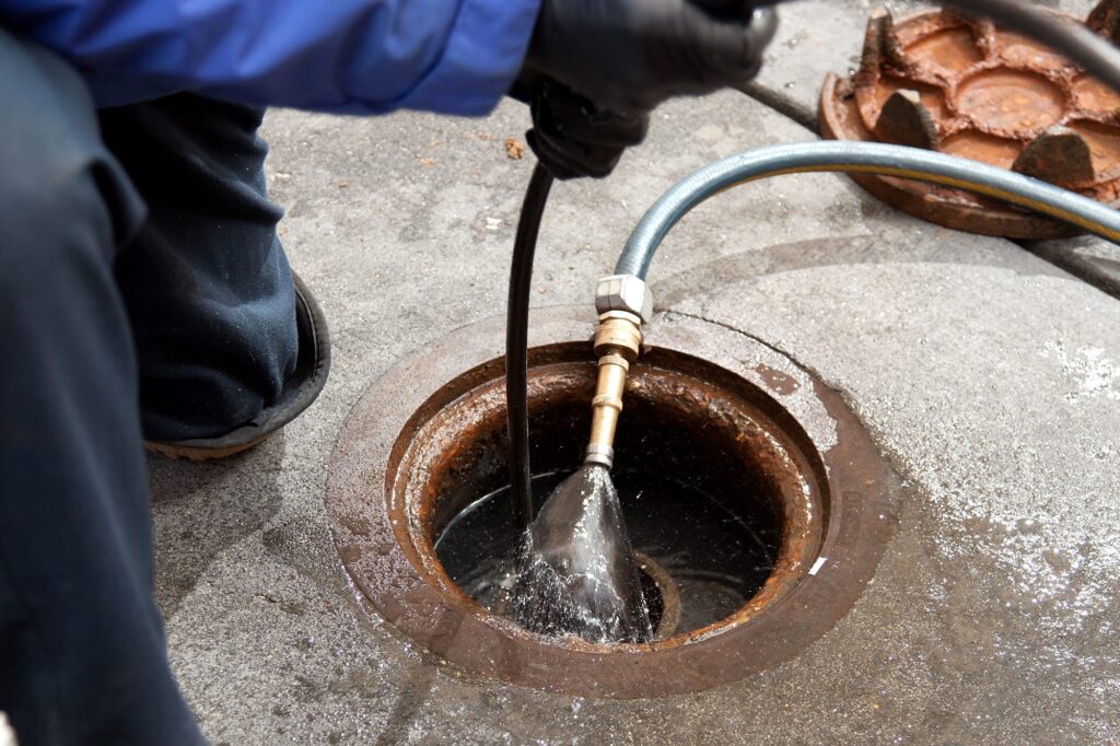 Plumber hydro jetting a sewer line through a manhole in Coral Gables