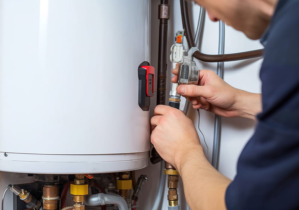 Technician repairing pipes connected to a water heater in Coral Gables